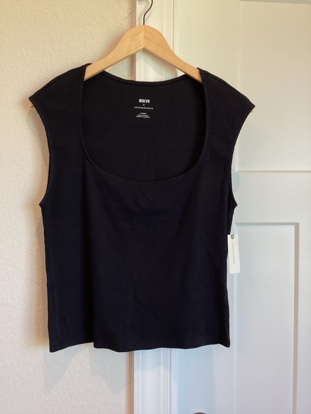 Anthropologie Cap Sleeve Scoop Neck Top Maeve Ribbed Cotton New Large Black